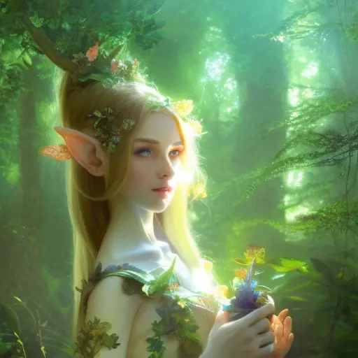 Closeup of a beautiful elf in a magical forest, 4k, Highly Detailed, Masterpiece, Pretty Face, Digital Illustration, Cinematic Lighting, Realistic, Sharp Focus, Centered, Beautifully Lit, Bioluminescent by Stanley Artgerm Lau, Alphonse Mucha, Greg Rutkowski, Stefan Kostic