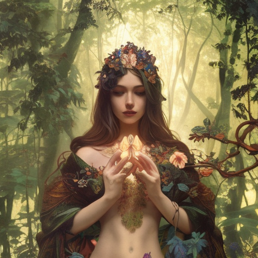 Closeup of a beautiful mage in a magical forest, 4k, Highly Detailed, Masterpiece, Pretty Face, Digital Illustration, Cinematic Lighting, Realistic, Sharp Focus, Centered, Beautifully Lit, Bioluminescent by Stanley Artgerm Lau, Alphonse Mucha, Greg Rutkowski, Stefan Kostic