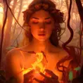 Closeup of a beautiful fire mage in a magical forest, 4k, Highly Detailed, Masterpiece, Pretty Face, Digital Illustration, Cinematic Lighting, Realistic, Sharp Focus, Centered, Beautifully Lit, Bioluminescent by Stanley Artgerm Lau, Alphonse Mucha, Greg Rutkowski, Stefan Kostic