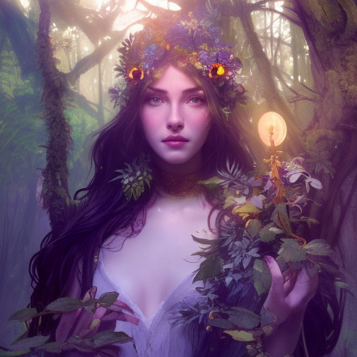 Closeup of a beautiful druid in a magical forest, 4k, Highly Detailed, Masterpiece, Pretty Face, Digital Illustration, Cinematic Lighting, Realistic, Sharp Focus, Centered, Beautifully Lit, Bioluminescent by Stanley Artgerm Lau, Alphonse Mucha, Greg Rutkowski, Stefan Kostic
