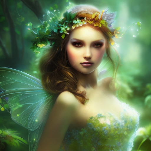 Closeup of a beautiful fairy in a magical forest, 4k, Highly Detailed, Masterpiece, Pretty Face, Digital Illustration, Cinematic Lighting, Realistic, Sharp Focus, Centered, Beautifully Lit, Bioluminescent by Stanley Artgerm Lau