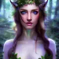 Closeup of a beautiful half elf in a magical forest, 4k, Highly Detailed, Masterpiece, Pretty Face, Digital Illustration, Cinematic Lighting, Realistic, Sharp Focus, Centered, Beautifully Lit, Bioluminescent by Stanley Artgerm Lau