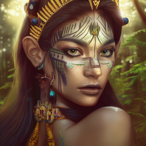 Closeup of a beautiful tribal queen in a magical forest, 4k, Highly Detailed, Masterpiece, Pretty Face, Digital Illustration, Cinematic Lighting, Realistic, Sharp Focus, Centered, Beautifully Lit, Bioluminescent by Stanley Artgerm Lau