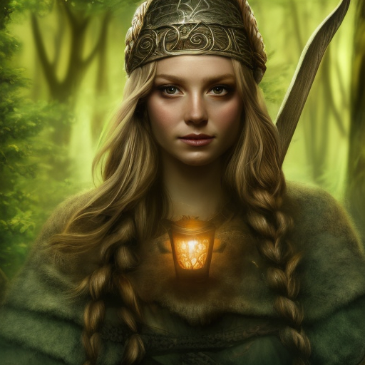 Closeup of a beautiful viking in a magical forest, 4k, Highly Detailed, Masterpiece, Pretty Face, Digital Illustration, Cinematic Lighting, Realistic, Sharp Focus, Centered, Beautifully Lit, Bioluminescent by Stanley Artgerm Lau