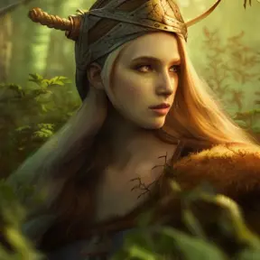 Closeup of a beautiful viking in a magical forest, 4k, Highly Detailed, Masterpiece, Pretty Face, Digital Illustration, Cinematic Lighting, Realistic, Sharp Focus, Centered, Beautifully Lit, Bioluminescent by Stanley Artgerm Lau