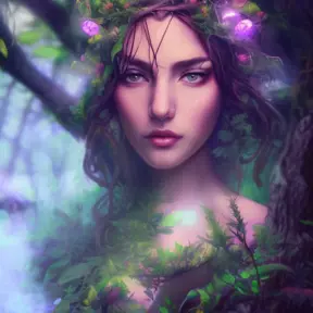 Closeup of a beautiful druid in a magical forest, 4k, Highly Detailed, Masterpiece, Pretty Face, Digital Illustration, Cinematic Lighting, Realistic, Sharp Focus, Centered, Beautifully Lit, Bioluminescent by Stanley Artgerm Lau