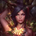 Closeup of a beautiful Nidalee in a magical forest, 4k, Highly Detailed, Masterpiece, Pretty Face, Digital Illustration, Cinematic Lighting, Realistic, Sharp Focus, Centered, Beautifully Lit, Bioluminescent by Stanley Artgerm Lau