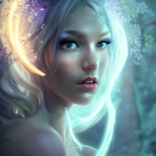 Closeup of a beautiful lightning mage in a magical forest, 4k, Highly Detailed, Masterpiece, Pretty Face, Digital Illustration, Cinematic Lighting, Realistic, Sharp Focus, Centered, Beautifully Lit, Bioluminescent by Stanley Artgerm Lau