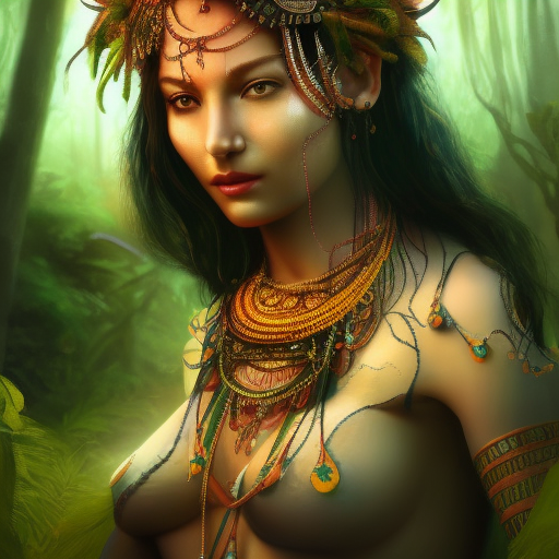 Closeup of a beautiful tribal goddess in a magical forest, 4k, Highly Detailed, Masterpiece, Pretty Face, Digital Illustration, Cinematic Lighting, Realistic, Sharp Focus, Centered, Beautifully Lit, Bioluminescent by Stanley Artgerm Lau