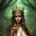 Closeup of a beautiful tribal goddess in a magical forest, 4k, Highly Detailed, Masterpiece, Pretty Face, Digital Illustration, Cinematic Lighting, Realistic, Sharp Focus, Centered, Beautifully Lit, Bioluminescent by Stanley Artgerm Lau