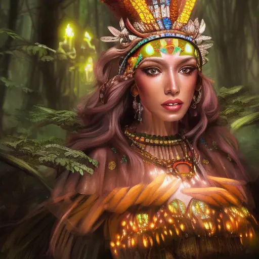 Closeup of a beautiful Aztec Queen in a magical forest, 4k, Highly Detailed, Masterpiece, Pretty Face, Digital Illustration, Cinematic Lighting, Realistic, Sharp Focus, Centered, Beautifully Lit, Bioluminescent by Stanley Artgerm Lau