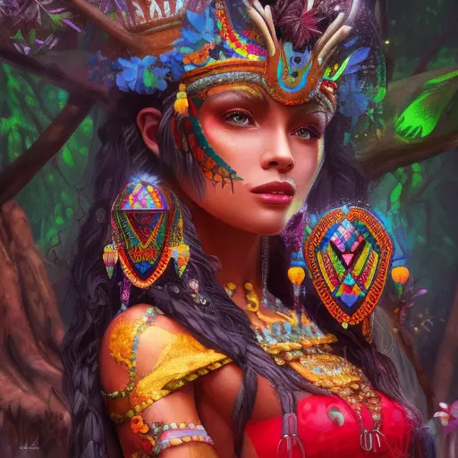 Closeup of a beautiful Aztec Queen in a magical forest, 4k, Highly Detailed, Masterpiece, Pretty Face, Digital Illustration, Cinematic Lighting, Realistic, Sharp Focus, Centered, Beautifully Lit, Bioluminescent by Stanley Artgerm Lau