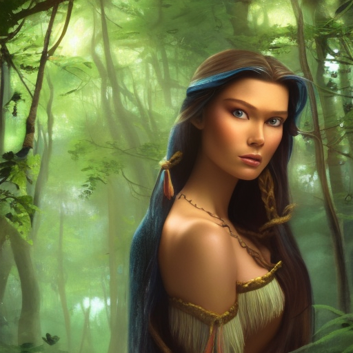 Closeup of a beautiful Pocahontas in a magical forest, 4k, Highly Detailed, Masterpiece, Pretty Face, Digital Illustration, Cinematic Lighting, Realistic, Sharp Focus, Centered, Beautifully Lit, Bioluminescent by Stanley Artgerm Lau