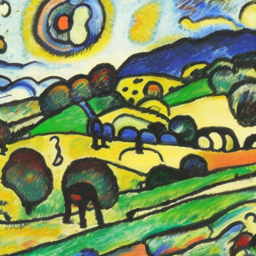 A landscape of the English countryside with sheep, rolling hills, forests, meadows, and dirt tracks., High Resolution, Highly Detailed, Oily, Trippy, Spring by Wassily Kandinsky