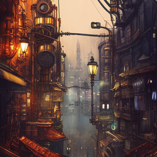 Steampunk city, Highly Detailed, Intricate Artwork, Comic, Photo Realistic, Fantasy by Alena Aenami, Studio Ghibli
