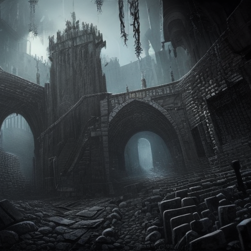 Hyper Detailed illustration of dark dystopian dungeon texture architecture, blood walls and cobwebs, 8k, Gothic and Fantasy, Epic, Sharp Focus, Deviantart, Beautifully Lit