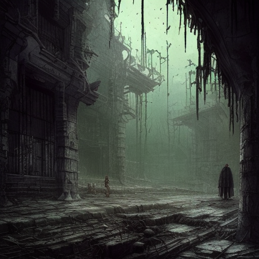 Hyper Detailed illustration of an eerie dark dystopian dungeon texture architecture with blood walls and cobwebs, 8k, Gothic and Fantasy, Horror, Epic, Sharp Focus, Deviantart, Beautifully Lit by Studio Ghibli