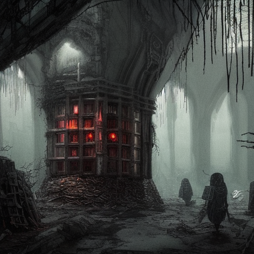 Hyper Detailed illustration of an eerie dark dystopian dungeon texture architecture with blood walls and cobwebs, 8k, Gothic and Fantasy, Horror, Epic, Sharp Focus, Deviantart, Beautifully Lit by Studio Ghibli