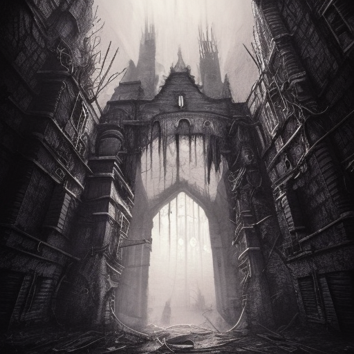 Hyper Detailed illustration of an eerie dark dystopian dungeon texture architecture with blood walls and cobwebs, 8k, Gothic and Fantasy, Horror, Epic, Sharp Focus, Deviantart, Beautifully Lit by Alena Aenami, Studio Ghibli