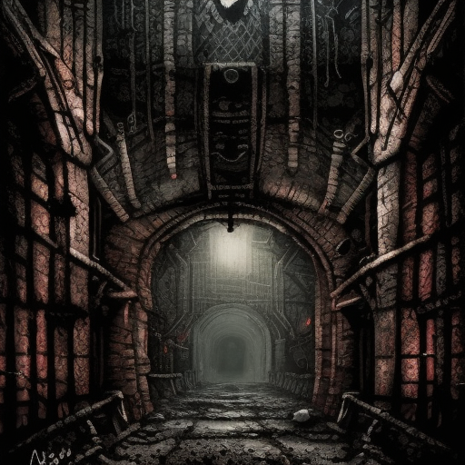 Hyper Detailed illustration of an eerie dark dystopian dungeon texture architecture with blood walls and cobwebs, 8k, Gothic and Fantasy, Horror, Epic, Sharp Focus, Deviantart, Beautifully Lit by Alena Aenami