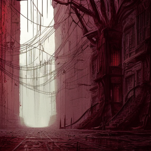 Hyper Detailed illustration of a dark eerie dystopian texture architecture with blood walls and cobwebs, 8k, Gothic and Fantasy, Horror, Epic, Sharp Focus, Deviantart, Beautifully Lit by Alena Aenami