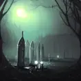 Hyper Detailed illustration of an eerie dystopian graveyard at night, 8k, Gothic and Fantasy, Horror, Epic, Sharp Focus, Deviantart by Alena Aenami
