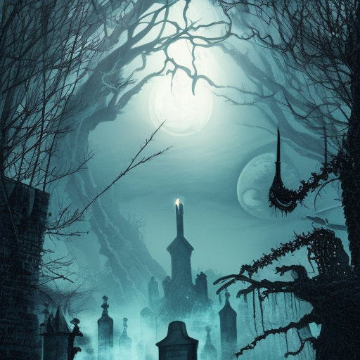 Hyper Detailed illustration of an eerie dystopian graveyard at night, 8k, Gothic and Fantasy, Horror, Epic, Sharp Focus, Deviantart by Studio Ghibli