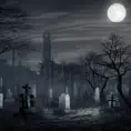 Hyper Detailed illustration of an eerie dystopian graveyard at night, 8k, Gothic and Fantasy, Horror, Epic, Sharp Focus, Deviantart by Studio Ghibli