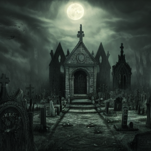 Hyper Detailed illustration of an eerie dystopian graveyard at night, 8k, Gothic and Fantasy, Horror, Epic, Sharp Focus, Deviantart