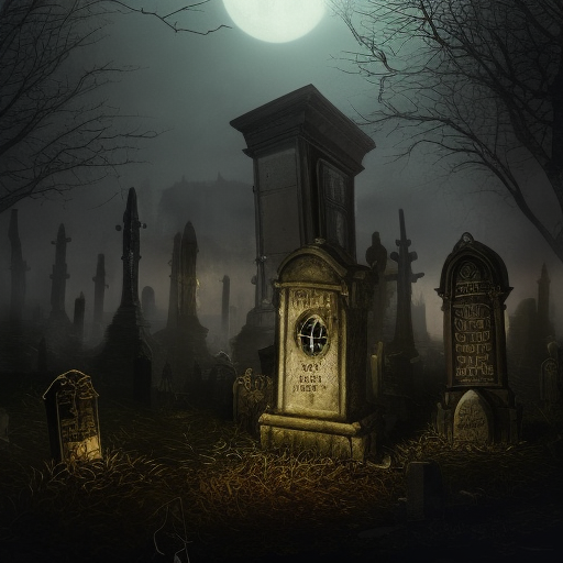 Hyper Detailed illustration of an eerie dystopian graveyard at night, 8k, Gothic and Fantasy, Horror, Epic, Sharp Focus, Deviantart