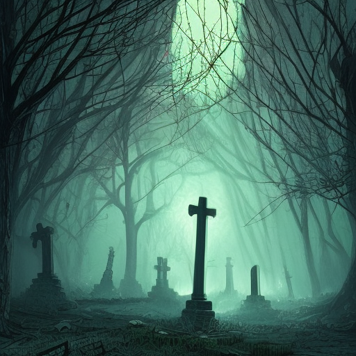 Hyper Detailed illustration of an eerie dystopian graveyard at night, 8k, Gothic and Fantasy, Horror, Epic, Sharp Focus, Deviantart by Alena Aenami