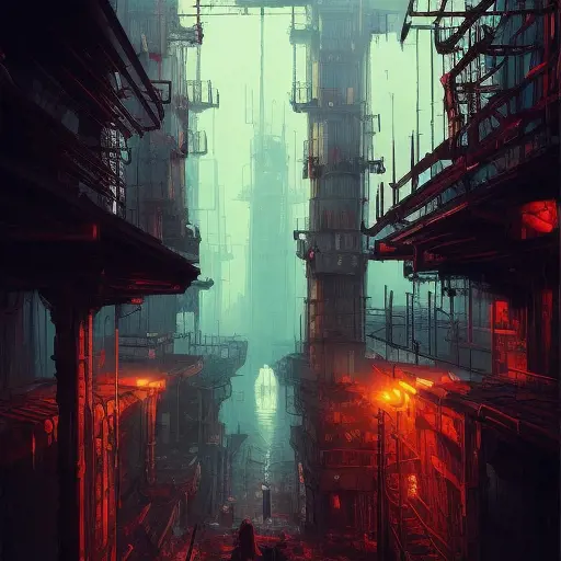 Hyper Detailed illustration of an eerie dystopian underground dungeon city, 8k, Gothic and Fantasy, Horror, Epic, Sharp Focus, Deviantart by Alena Aenami, Studio Ghibli