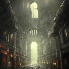 Hyper Detailed illustration of an eerie dystopian underground dungeon city, 8k, Gothic and Fantasy, Horror, Epic, Sharp Focus, Deviantart
