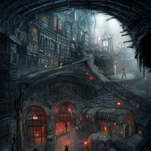Hyper Detailed illustration of an eerie dystopian underground dungeon city, 8k, Gothic and Fantasy, Horror, Epic, Sharp Focus, Deviantart