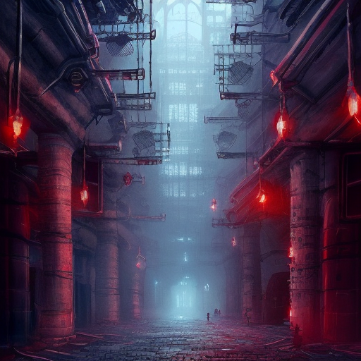 Hyper Detailed illustration of an eerie dystopian underground dungeon city, 8k, Gothic and Fantasy, Horror, Epic, Sharp Focus, Deviantart by Alena Aenami