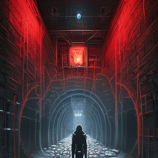 Hyper Detailed illustration of an eerie dystopian underground dungeon with blood walls, 8k, Gothic and Fantasy, Horror, Epic, Sharp Focus, Deviantart by Alena Aenami