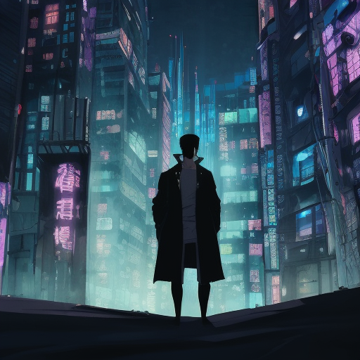 Silhouette of a detective in a long trenchcoat in a cyberpunk Beneath a Steel Sky city at night, 8k, Hyper Detailed, Intricate Details, Trending on Artstation, Epic, Comic, Sharp Focus, Deviantart, Beautifully Lit by Studio Ghibli