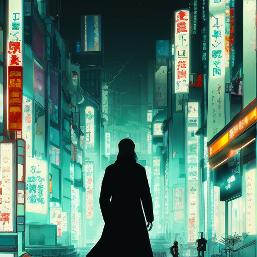 Silhouette of a long trenchcoat in a japanese cyberpunk city at night, 8k, Hyper Detailed, Intricate Details, Trending on Artstation, Epic, Comic, Sharp Focus, Deviantart, Beautifully Lit by Studio Ghibli