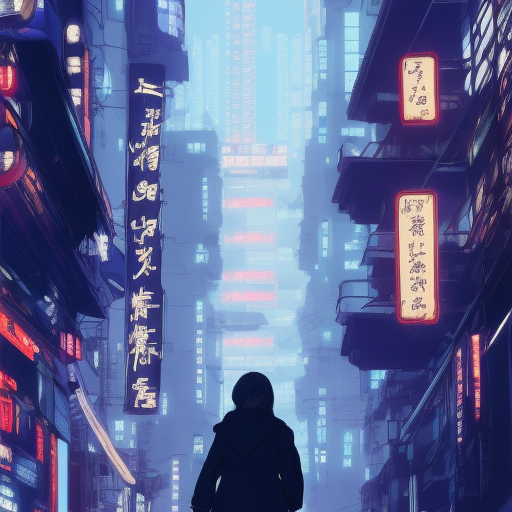 Silhouette of a long trenchcoat in a japanese cyberpunk city at night, 8k, Hyper Detailed, Intricate Details, Trending on Artstation, Epic, Comic, Sharp Focus, Deviantart, Beautifully Lit by Alena Aenami, Studio Ghibli