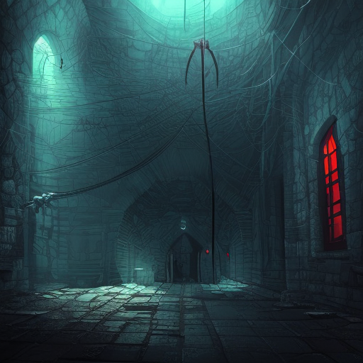 Detailed illustration of dark dungeon, dystopian texture architecture, blood walls, spiders, and cobwebs, 8k, Hyper Detailed, Trending on Artstation, Epic, Deviantart, Beautifully Lit by Alena Aenami