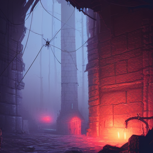 Detailed illustration of dark dungeon, dystopian texture architecture, blood walls, spiders, and cobwebs, 8k, Hyper Detailed, Trending on Artstation, Epic, Deviantart, Beautifully Lit by Alena Aenami