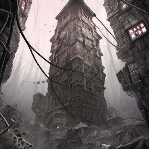 Detailed illustration of dark dungeon, dystopian texture architecture, blood walls, spiders, and cobwebs, 8k, Hyper Detailed, Trending on Artstation, Epic, Deviantart, Beautifully Lit by Studio Ghibli