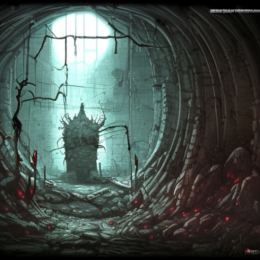 Detailed illustration of dark dungeon, dystopian texture architecture, blood walls, spiders, and cobwebs, 8k, Hyper Detailed, Trending on Artstation, Epic, Deviantart, Beautifully Lit by Studio Ghibli