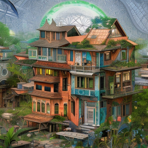 Buildings and homes of a maximalism solarpunk community, Highly Detailed, Intricate Artwork, Solarpunk, Comic, Photo Realistic