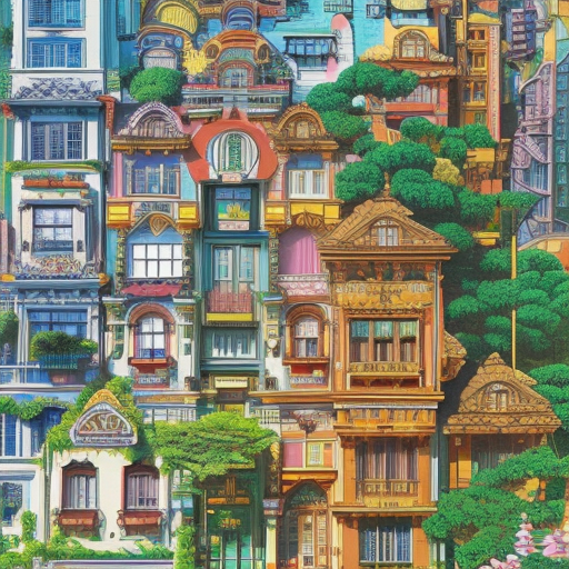 Buildings and homes of a maximalism fantasy city, Highly Detailed, Intricate Artwork, Solarpunk, Comic, Photo Realistic by Studio Ghibli