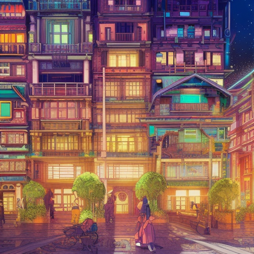 Buildings in a maximalism fantasy city, Highly Detailed, Intricate Artwork, Solarpunk, Comic, Photo Realistic by Studio Ghibli