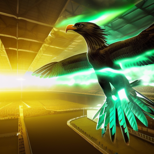 green screaming eagle attacking football stadium, 4k, Contest Winner, High Resolution, Hyper Detailed, Nvidia RTX, Bloom light effect, Cinematic Lighting, Light caustics effect, Realistic, Volumetric light effect