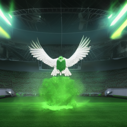 green screaming eagle attacking football stadium, 4k, Contest Winner, Nvidia RTX, Epic, Bloom light effect, Cinematic Lighting, Light caustics effect, Realistic, Volumetric light effect