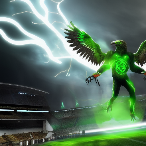 green glowing screaming eagle surrounded by arcs of lightning attacking football stadium, 4k, Contest Winner, Nvidia RTX, Cybernatic and Sci-Fi, Epic, Bloom light effect, Cinematic Lighting, Light caustics effect, Volumetric light effect