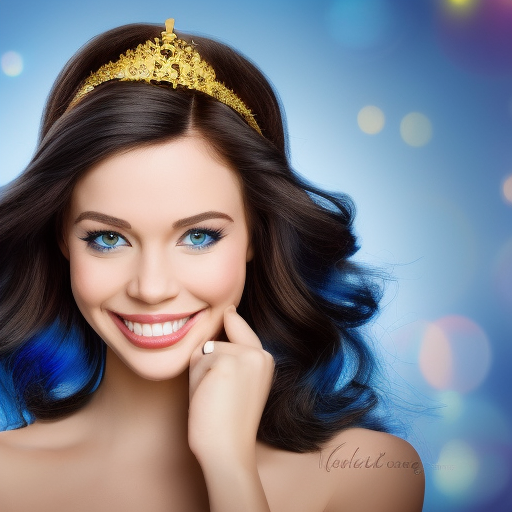 Disney Portrait of a Golden Princess, dark hair, sharp dark eyes, bright blue lighting, sarcastic smile, sharp focus hair., 4k